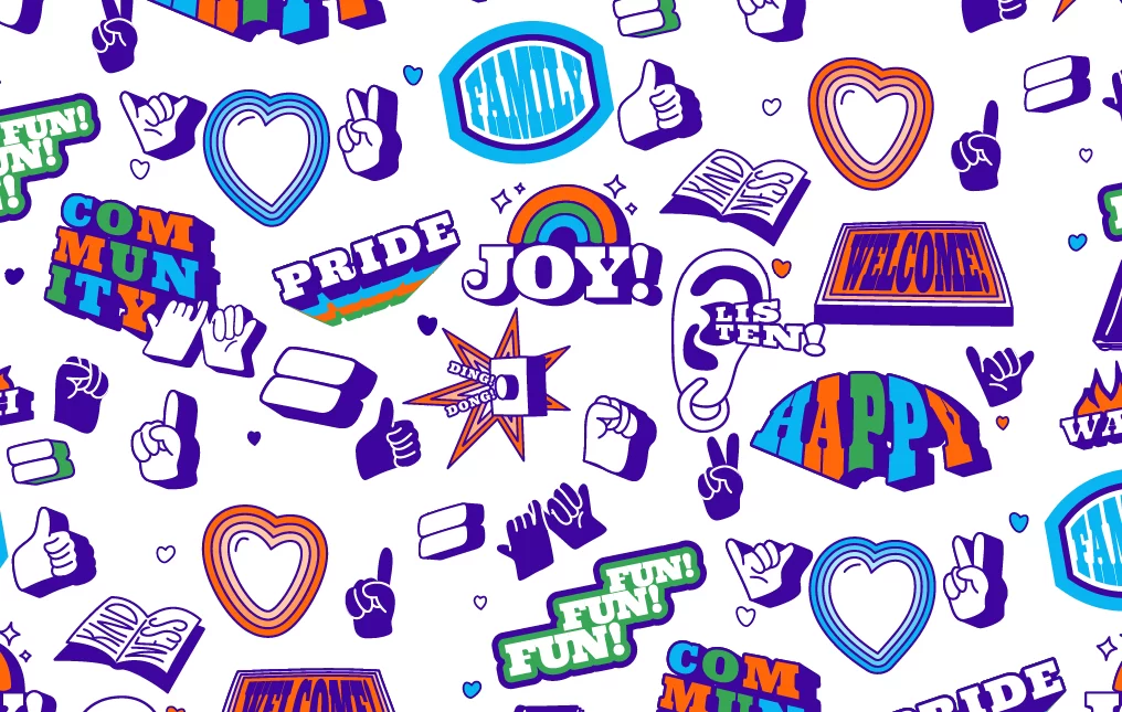 A graphics with illustrations of words pride, joy, home, welcome, happy